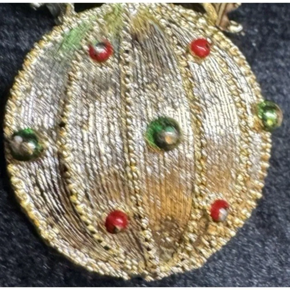 Vintage Gerry's Christmas Ornament Brooch Gold Tone Holiday Bauble Holly Bow Red